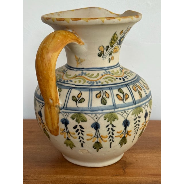 Rustic European Early 20th Century Spanish Hand Painted Blue and Yellow Pottery Pitcher Jug For Sale - Image 3 of 10
