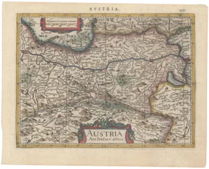 Hand-Colored Map of Eastern Austria with Vienna by Jansson for Mercator, 1634