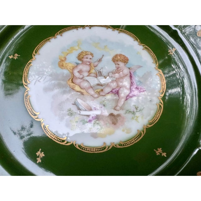 Vintage French Hand Painted Cherubs Gold Gilt Pedestal Green Porcelain Cake Plate Stand For Sale - Image 10 of 12