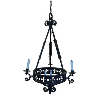 Late 19th Century Chateau Medieval Style Heavy Iron Chandelier For Sale