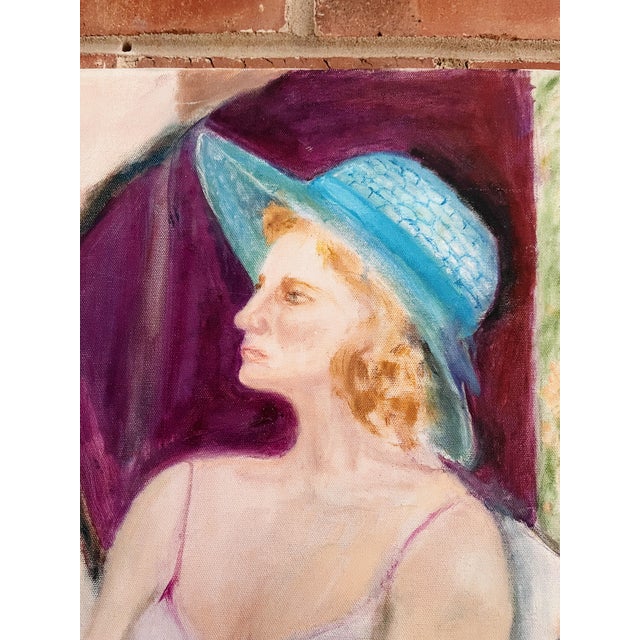 Portraiture Vintage Portrait Painting of Woman Wearing a Floral Dress and Blue Hat For Sale - Image 3 of 7
