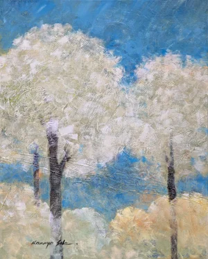 Contemporary Abstract Landscape Painting With White Trees, Blue Background Gallery Wrap Canvas.