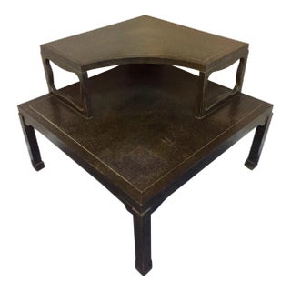 Vintage Mid Century Fumed Oak Two-Tier Corner Coffee Table For Sale