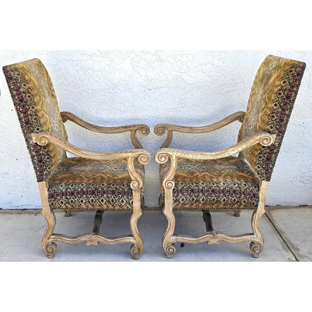French Provincial Century Furniture French Louis XIII Os De Mouton Armchairs a Pair For Sale - Image 3 of 16