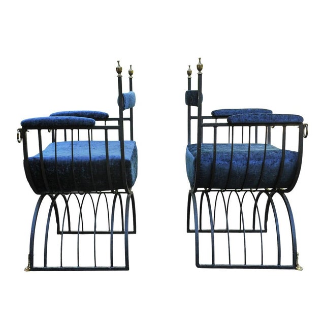 Black Mid-Century Modern Savonarola Chairs with Blue Velvet Upholstery, 1960s, Set of 2 For Sale - Image 8 of 11