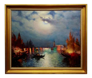 Richard De Ribcowsky - Moonlight Over the Venetian Lagoon-Oil Painting C.1920s