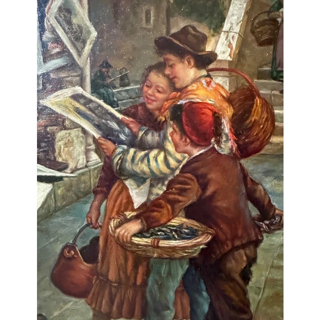 Vintage a Tucker Venetian Street Artist Selling Art Realism Oil Painting on Wood For Sale - Image 9 of 14