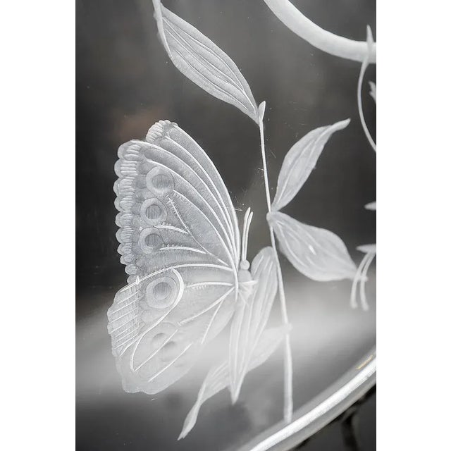 Decorative disc D.37 cm in crystal engraved with butterflies with wrought iron support smoke color Signed by Maker