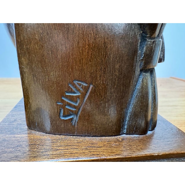 1940s Signed Silva Art Deco Carved Wood Busts - A Pair For Sale - Image 9 of 11