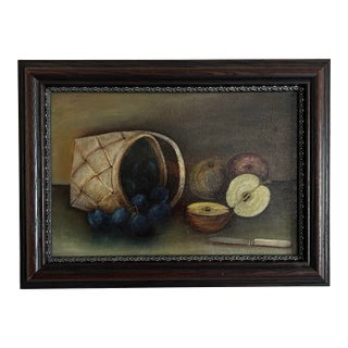 Antique Framed Oil Painting Still Life of Apples and Plums in Basket For Sale