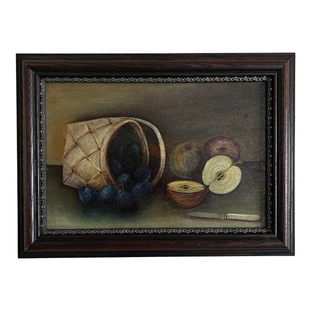 Antique Framed Oil Painting Still Life of Apples and Plums in Basket For Sale