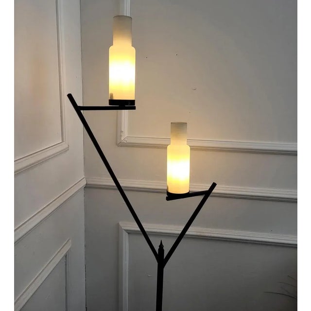 Black Mid-Century Art Deco Italian Black Metal Gilt Brass Opaline Glass Floor Lamp, 1950s For Sale - Image 8 of 9