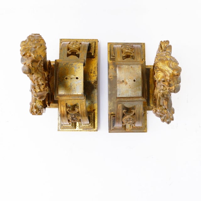 Gold Antique Gilt-Bronze Andirons Depicting Rampant Lions, Set of 2 For Sale - Image 8 of 17