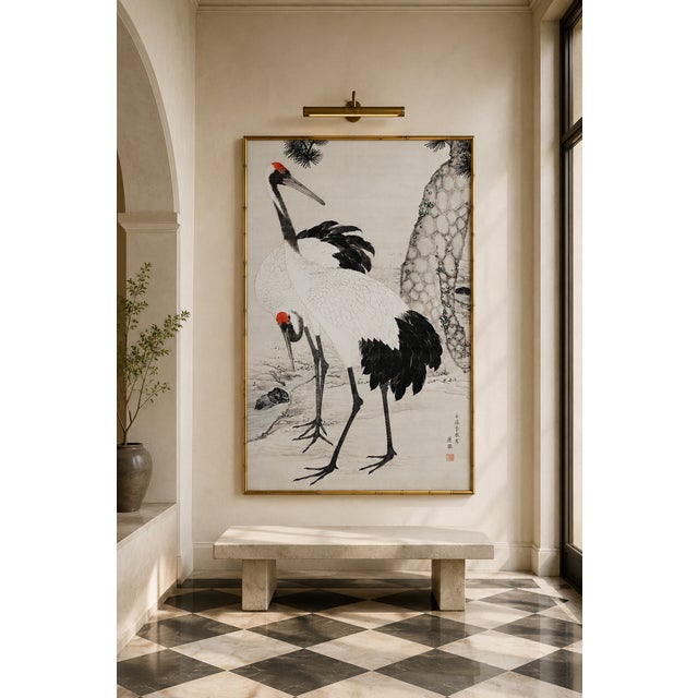 Paper Japanese Cranes and Pine Tree, Vintage Japanese Art Print, 40" X 60" For Sale - Image 7 of 8