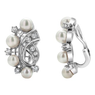 Vintage Mid Century 14k White Gold Diamond Pearl Clip-on Earrings, A Pair For Sale