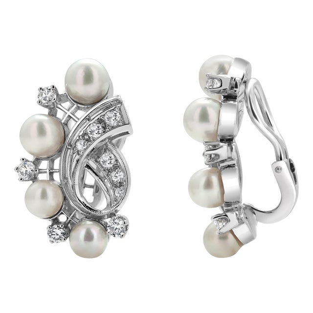 Vintage Mid Century 14k White Gold Diamond Pearl Clip-on Earrings, A Pair For Sale