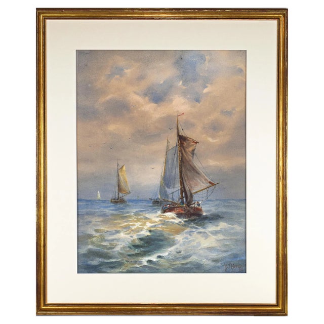 19th Century Antique Nautical Watercolor Seascape Painting With Ships Hj Harris 1893 For Sale