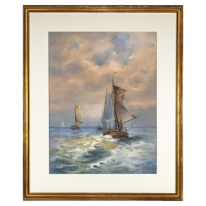 19th Century Antique Nautical Watercolor Seascape Painting With Ships Hj Harris 1893