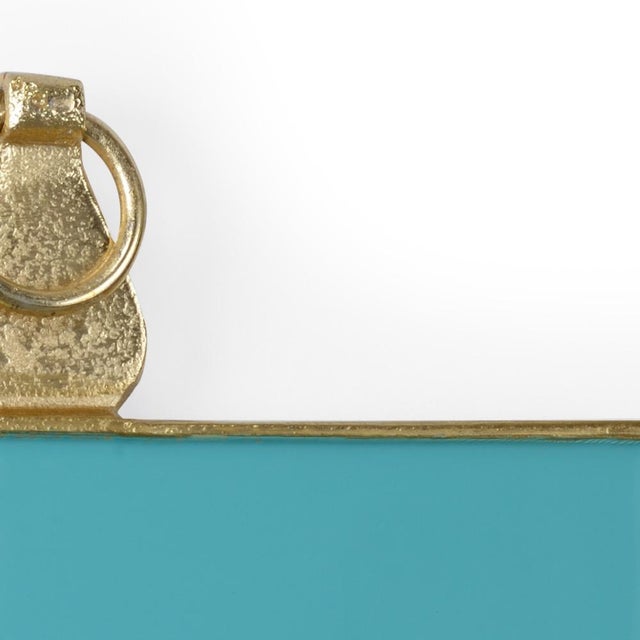 Aqua enamel wall frame trimmed in textured gold, holds 4 x 4 photo . 11.5h x 8.5w x .8d