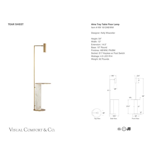 Kelly Wearstler by Visual Comfort Signature Alma Tray Table Floor Lamp in Antique-Burnished Brass and White Marble...