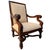 A grand pair of oversized Neoclassical revival armchairs hand-carved from rich mahogany. Featuring dramatic rolled scroll...