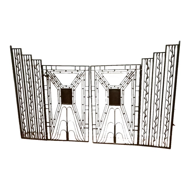 Art Deco Wrought Iron & Brass Three-Panel Gates – French Modernist Style – C. 1930 For Sale