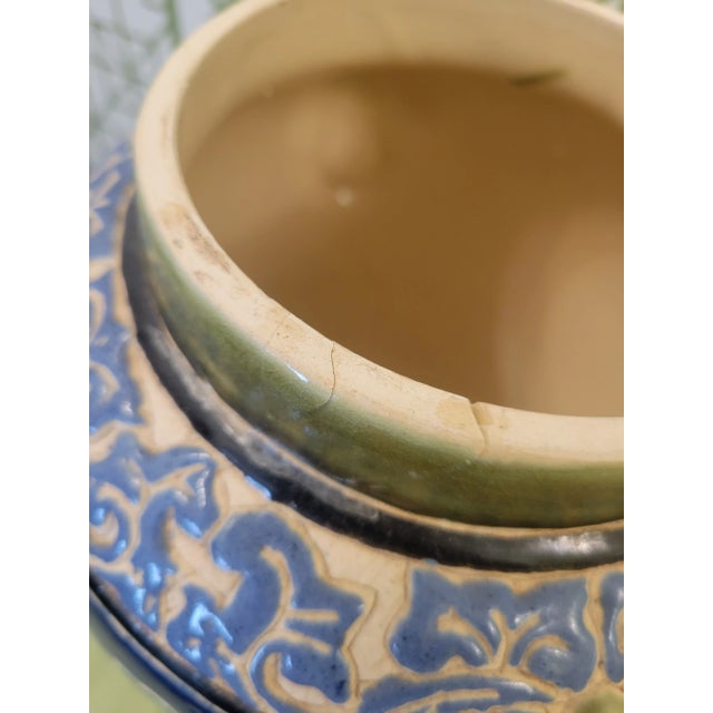 Vintage Navy Blue and White, Green Clay Fired Foo Dog Italian Floral Ginger Jar Decor For Sale - Image 10 of 11