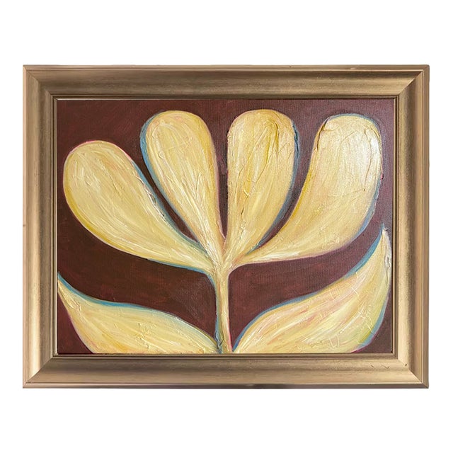 Original Botanical Leaf Painting in Brushed Gold Frame, Oil on Canvas, 17" W X 21" H by Tatiana Duperault For Sale