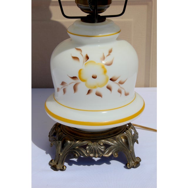 Vintage “Gone With the Wind” Milk Glass Dresser Lamp - Hand-Painted Florals, Brass Base For Sale - Image 10 of 12