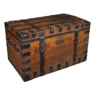 Large Antique Silver Chest, English, Oak, Iron Bound, Shipping Trunk, Victorian For Sale