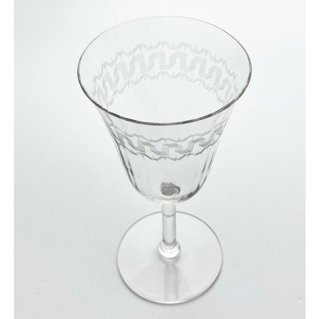 Fostoria Glass Company 1920s Fostoria “Greek” Optic Greek Key Etched Wine or Water Glasses - Set of 9 For Sale - Image 4 of 5