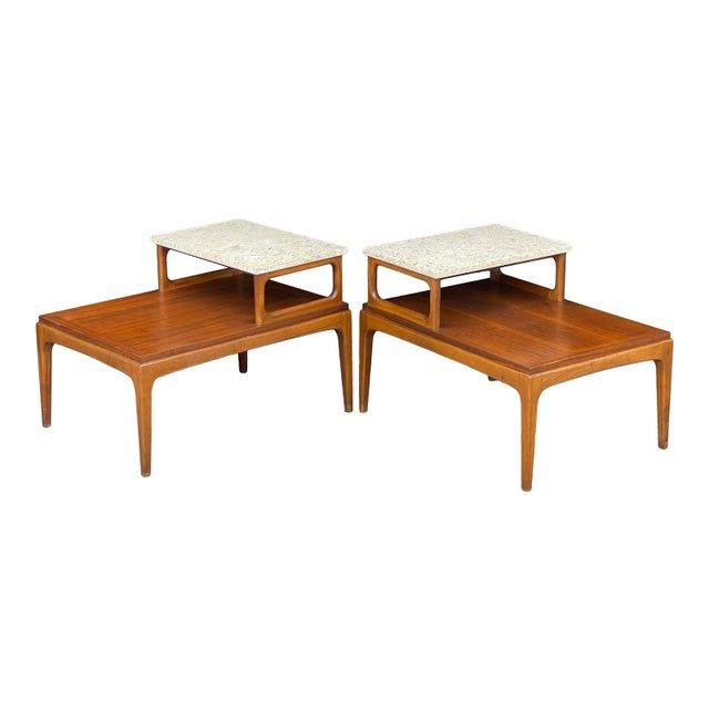 Lane Walnut Mid Century Danish Style Travertine 2 Tier Side Tables Chairish