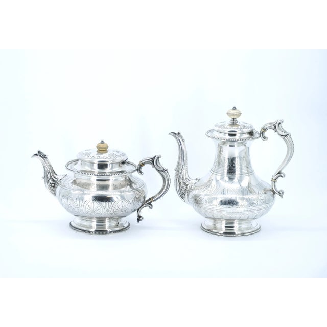 English English Silver Plate Four Piece Tea / Coffee Service / Exterior Engraved Details For Sale - Image 3 of 13