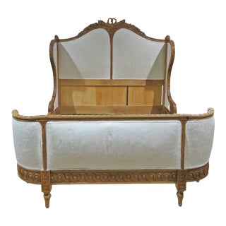 Carved Walnut French Louis XVI Upholstered Corbeille Bed, Circa 1920s For Sale