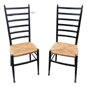 Pair of Sculptural Italian Tall Ladder Back Side Chairs With Rush Seats - In the Style of Gio Ponti