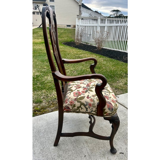 Antique Carved Walnut Queen Anne Style High Back Arm Chair W/Stretcher Base For Sale - Image 11 of 13