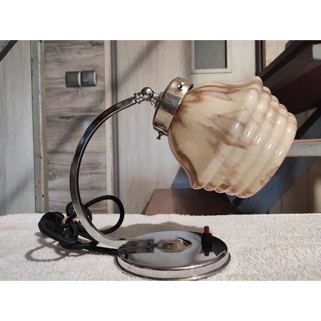 Brown Art Deco Nickel-Plated Brass Lamp with Marble Shade, 1920s For Sale - Image 8 of 8