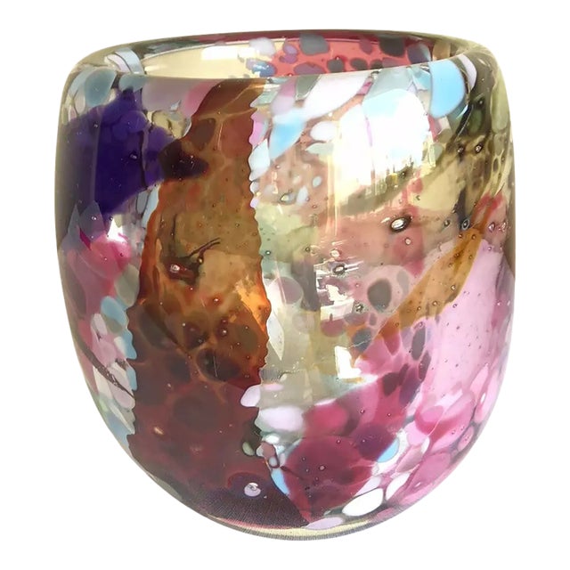 Signed Vintage 1988 John Gerletti Colorful Hand Blown Abstract Art Glass Vase For Sale