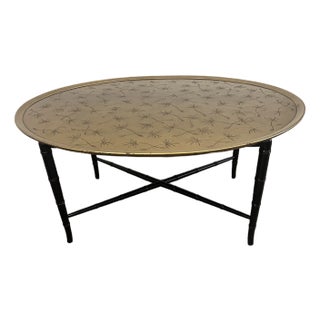 1950s Mid Century Oval Kittinger Style Coffee Table Faux Bamboo Tapered Legs Incised Leafs Design on Top For Sale