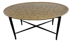 1950s Mid Century Oval Kittinger Style Coffee Table Faux Bamboo Tapered Legs Incised Leafs Design on Top