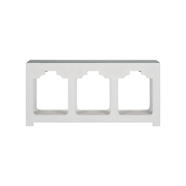 This console is wrapped in crisp white raffia for a textured, look, featuring removable glass and a lower shelf for added...