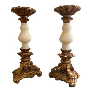 Set of 2 Vintage Ornate Rococo/Baroque Style Onyx & Resin Candlestick Holders For Sale