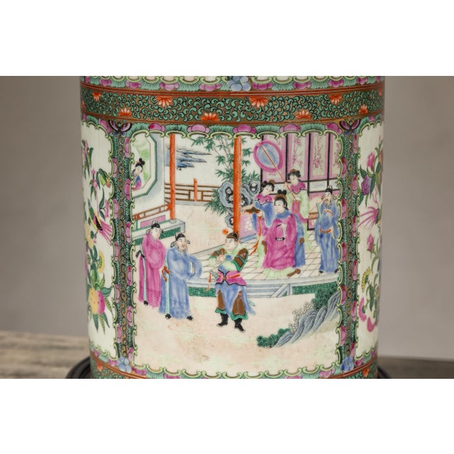 1980s Hand-Painted Rose Medallion Table Lamps with Court Scenes and Birds - a Pair For Sale - Image 10 of 12