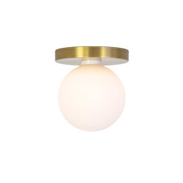 Globe Flush Mount Brushed Brass, 5 Inch Glass Globe, by Research.Lighting, Modern, Minimal For Sale In New York - Image 6 of 8