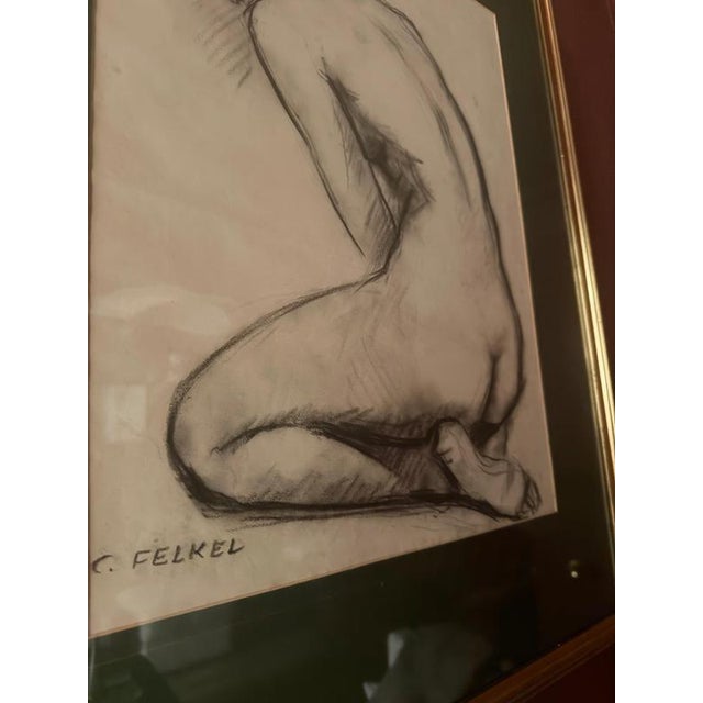 Carl Felkel, Female Nude Charcoal Drawing, Chalk and Charcoal, Framed For Sale - Image 4 of 9