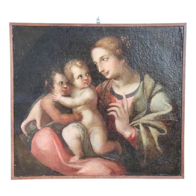 Madonna with Child Jesus and the Infant Saint John the Baptist, 18th Century, Oil Painting on Canvas For Sale