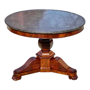 19th Century Antique Mahogany Round Empire Parlor Table with Onyx Dish Top