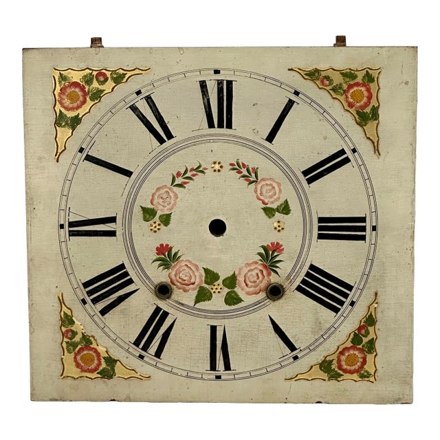 Antique Early 19th Century American Hand Painted Wood Clock Dial From Pillar & Scroll Type Shelf Clock For Sale