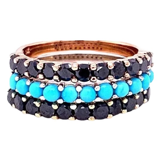 2.66 Carat Turquoise Black Diamond Sapphire Gold Band Set, Size 7 For Sale