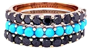 2.66 Carat Turquoise Black Diamond Sapphire Gold Band Set, Size 7